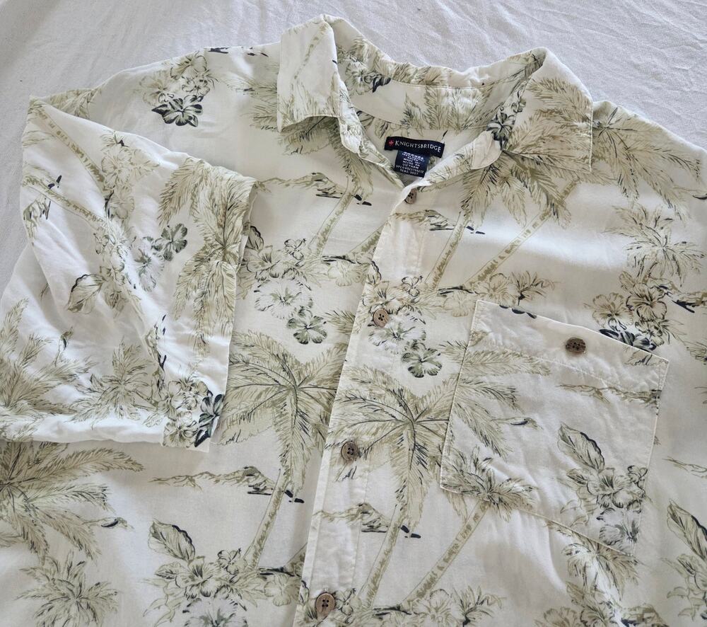 Knightsbridge Men's L Tropical Hawaiian Shirt Cream Palm Tree Rayon SS Button